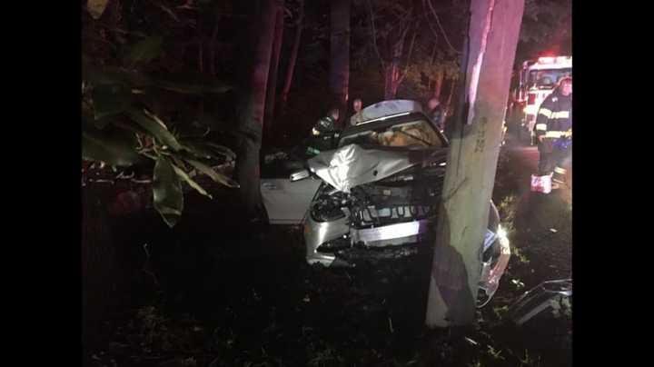 A car crashed into a utility pole on Redding Road in Fairfield on Sunday.