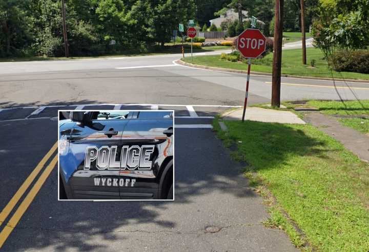 Stop signs all around where Hillcrest Avenue, Newtown Road and Wyckoff Avenue converge in Wyckoff.