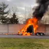 <p>The tractor went up in flames on the southbound side of Route 287 in Mahwah.</p>