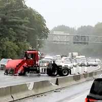 <p>The rig knocked out chunks of the concrete median on westbound Route 80.</p>