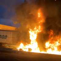 <p>A tractor-trailer died in a fiery crash off westbound Route 80 in Rochelle Park on Saturday, Aug. 6.</p>