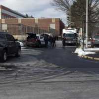 <p>Stamford police respond to a bomb threat Tuesday at Stamford High School.</p>