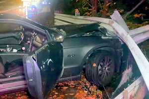 Mustang Wipes Out Bridge Guardrail In Ridgewood