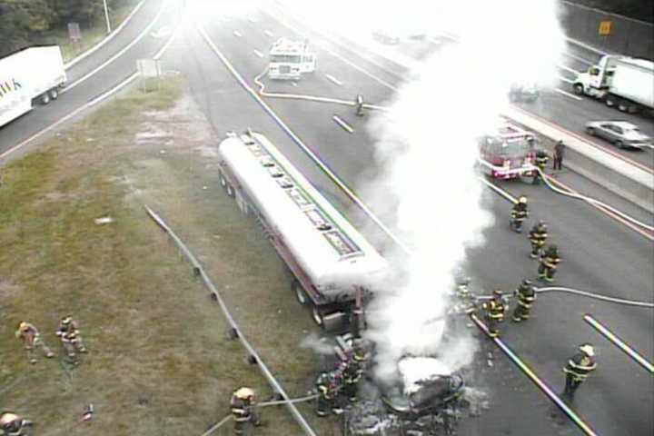 Burning Tanker Truck Closes Down I-95 In Darien