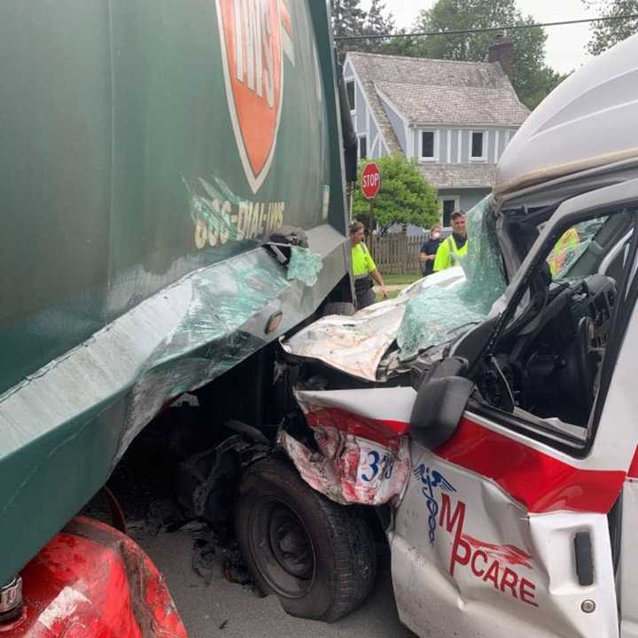 The MP Care ambulance and IWS truck at the crash scene in Norwood.