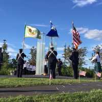 <p>The glass Sept. 11 memorial in Cos Cob Park, where a remembrance ceremony was held Sunday.</p>