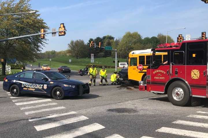 Derry Township School Bus Hits Car Causing Oil Spill