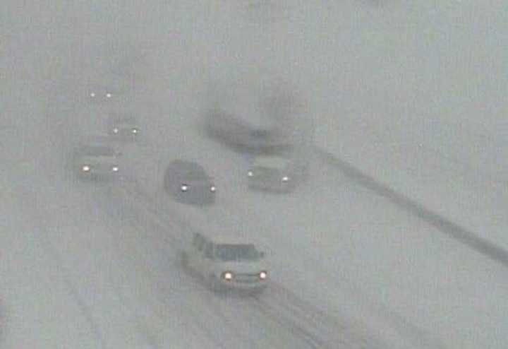 A jackknifed tractor-trailer on I-95 northbound between Exits 4 and 5 is blocking the left lane on Thursday morning. The lanes of the highway are not visible.