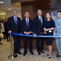 <p>From left, White Plains Mayor Tom Roach; Montefiore President/CEO Steven M. Safyer, MD; Chairman of the Board Larry Smith; White Plains Hospital President Susan Fox; Dr. Kaare Weber, director of surgery and Leigh Anne McMahon, senior vice president</p>