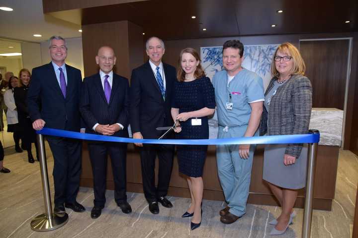 From left, White Plains Mayor Tom Roach; Montefiore President/CEO Steven M. Safyer, MD; Chairman of the Board Larry Smith; White Plains Hospital President Susan Fox; Dr. Kaare Weber, director of surgery and Leigh Anne McMahon, senior vice president