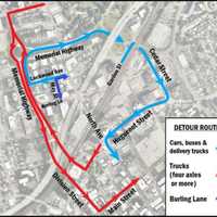 <p>Vehicles can take the detour routes depicted in this graphic released by the New York State Thruway Authority to avoid the construction work.</p>