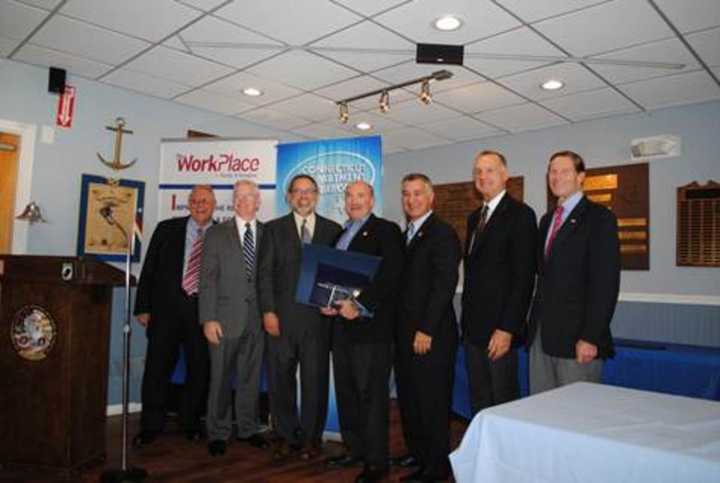 From left, Christopher Caruso, state Department of Labor; Sean Connolly, commissioner of veterans affairs; state Rep. Jack Hennessy; Gregg Barratt, Frontier; state Sen. Carlo Leone; Dennis Murphy, Deputy state DOL; U.S. Sen. Richard Blumenthal.