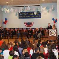 <p>Assemblyman David Buchwald speaks to students at West Patent Elementary School in Bedford Hills during the Valentines for Vets launch assembly on Thursday.</p>