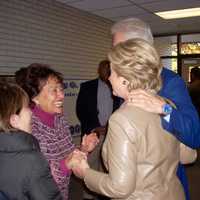 <p>U.S. Rep. Nita Lowey, left, shares a laugh with Democratic presidential candidate Hillary Clinton on Tuesday morning as the Clintons cast their votes in their hometown of Chappaqua.</p>