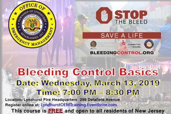 The bleeding control basics program begins at 7 p.m. March 13 at Lyndhurst Fire Headquarters, 299 Delafield Ave.