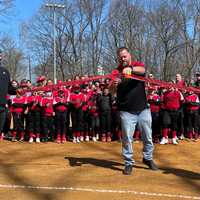 <p>Bergenfield Little League President David DiLello officially reopens the renovated Staunton Field.</p>