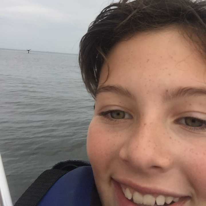 Madelyn Cummings takes a selfie with a whale out on Long Island Sound off the coast of Norwalk on Friday evening.