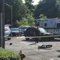 <p>The scene outside FDU at River Road and Cornwall Avenue in Teaneck shortly after the SUV struck the bicyclist on Tuesday.</p>