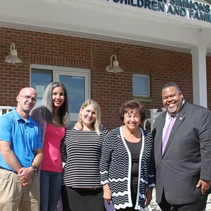 Congresswoman Nita Lowey (second from right) with RCC students Daniel Greeley and Leidy Flores, Campus Fun &amp; Learn Director Andrea Bogin and Dr. Michael Baston, RCC President.