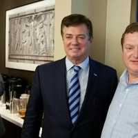 <p>Trump Campaign Manager Paul Manafort meets with Weston RTC Chairman Bob Ferguson at breakfast at the Republican National Convention. Manafort said Donald Trump has put many typically blue states into play — including Connecticut.</p>