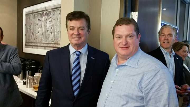 Trump Campaign Manager Paul Manafort meets with Weston RTC Chairman Bob Ferguson at breakfast at the Republican National Convention. Manafort said Donald Trump has put many typically blue states into play — including Connecticut.