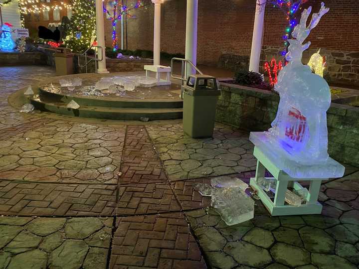 Damaged ice sculptures at Ephrata Rail Station Plaza.