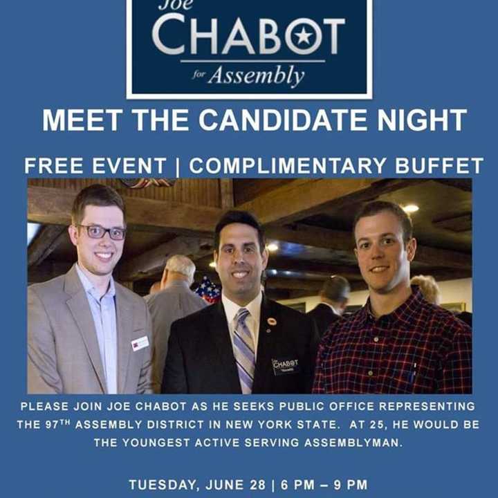 The public is invited to meet Assembly candidate Joe Chabot tonight at the Nyack Pour House.