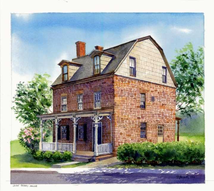 This painting of the way the historic John Green House will look when fully restored will be donated to the local historical society by the artist, Beverley Bozarth Colgan.