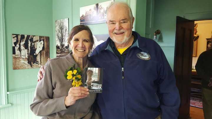 Linda Cook, superintendent of Weir Farm National Historic Site, with Charles Burlingham, grandson of painter J. Alden Weir.