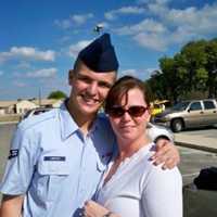 <p>Todd &quot;TJ&quot; Lobraico and his mom, Linda Rohatsch, right after the New Fairfield airman completed basic training.</p>