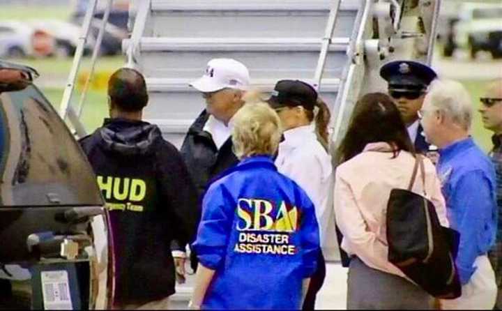 Small Business Administrator Linda McMahon accompanies President Donald Trump on a visit to Texas in the wake of Hurricane Harvey.