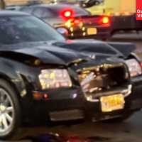 <p>The Chrysler 300 that struck and killed the pedestrian on eastbound Route 46 in Teterboro.</p>