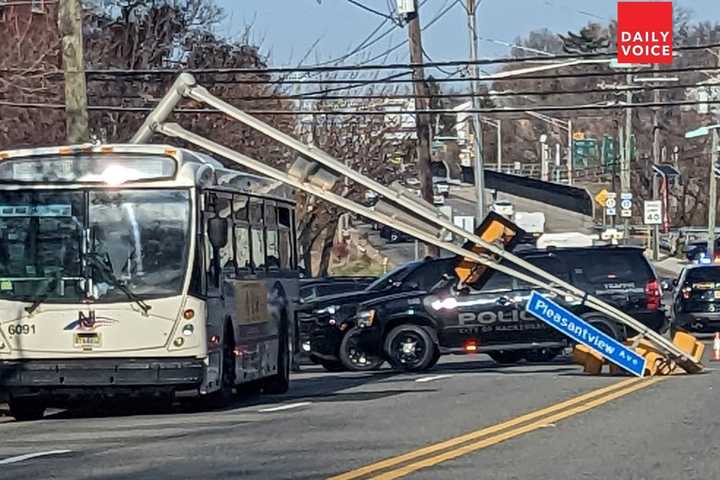 Commuter Bus Topples Traffic Light At Border of Hackensack, Hasbrouck Heights