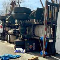 <p>Tipped tractor-trailer on southbound Route 17 in Paramus near Rochelle Park.</p>