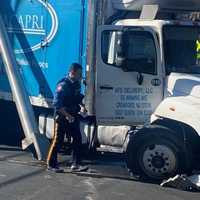 <p>The crash severely damaged the pole and the truck on Farview Avenue in Paramus.</p>