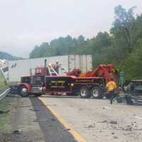 <p>A heavy-duty wrecker was needed to remove the rig following the Thursday afternoon crash on Route 287 in Mahwah.</p>