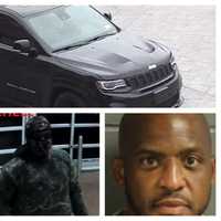 <p>Clockwise from top: The alleged getaway vehicle, Jamaal Mitchell, surveillance footage of a suspect, and Jahmir Mitchell.</p>