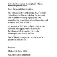 <p>Notification from Mahwah Schools Supt. Michael DeTuro</p>