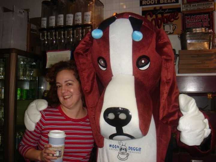 Hanging out at Moon Doggie Coffee Roasters in Maywood with the shop&#x27;s eponymous mascot.