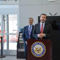 <p>U.S. Sen. Chris Murphy (D-Conn.) at the Stamford Train Station with Connecticut Transportation Commissioner Jim Redeker (left) and State Rep. Terry Adams (right).</p>