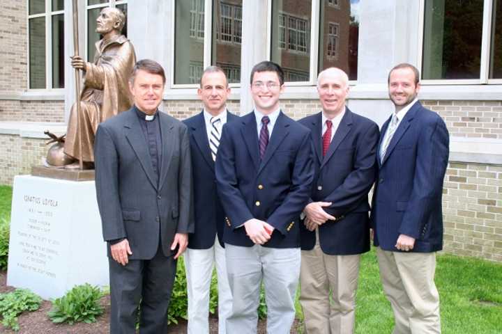 From left: Fairfield Prep President the Rev. John Hanwell, S.J.; Principal Robert Perrotta, Mark Giannini; Dean of Guidance &amp; College Advising John Hanrahan, and Director of Student Activities &amp; Christian Service Jon DeRosa.