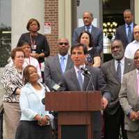 <p>Westchester County Executive hopeful Noam Bramson speaks to a crowd and Mount Vernon officials.</p>