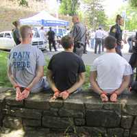 <p>Volunteer protesters wait to be processed during the annual Westchester County Mutual Aid exercise at Valhalla&#x27;s Westchester Community College. </p>