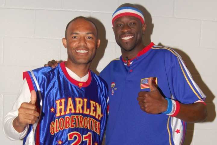 Harrison resident Mariano Rivera, seen here with Special K Daley, was drafted by the Harlem Globetrotters Tuesday.