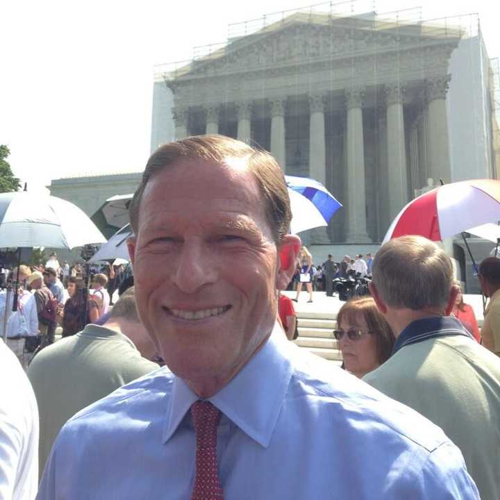 Sen. Richard Blumenthal (D-Conn.), who served as the state&#x27;s attorney general when gay marriage was legalized, tweeted from the crowd outside the Supreme Court building Wednesday.