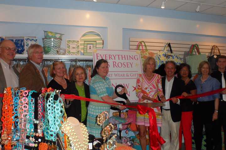 Darien Chamber of Commerce members join in the ribbon-cutting for Everything Is Rosey.