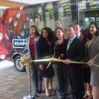 <p>Officials celebrate a new free shuttle service that will take guests from 12 Westchester hotels to the Empire City Casino in Yonkers.</p>