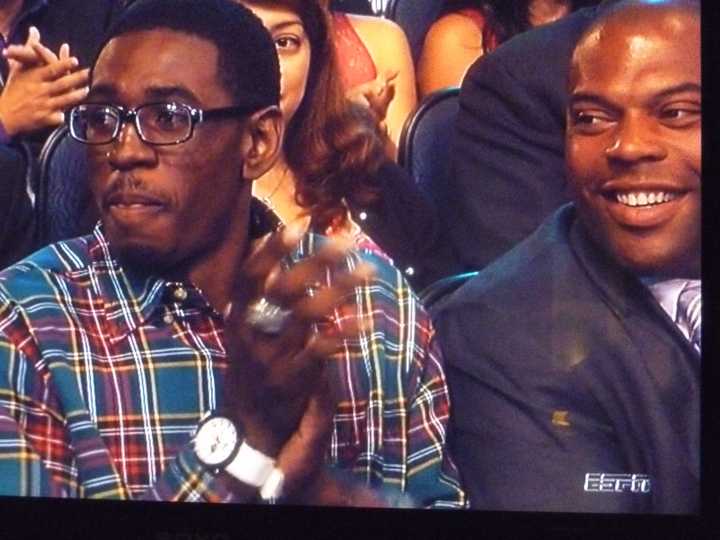 New Rochelle&#x27;s Khalil Edney, left, and his coach Rasaun Young attended the ESPN Espy Awards Wednesday in Los Angeles.