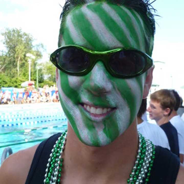 Shenorock Shore Club swim coach Ryan Marrano shows his team spirit at last year&#x27;s County Swimming Championships.