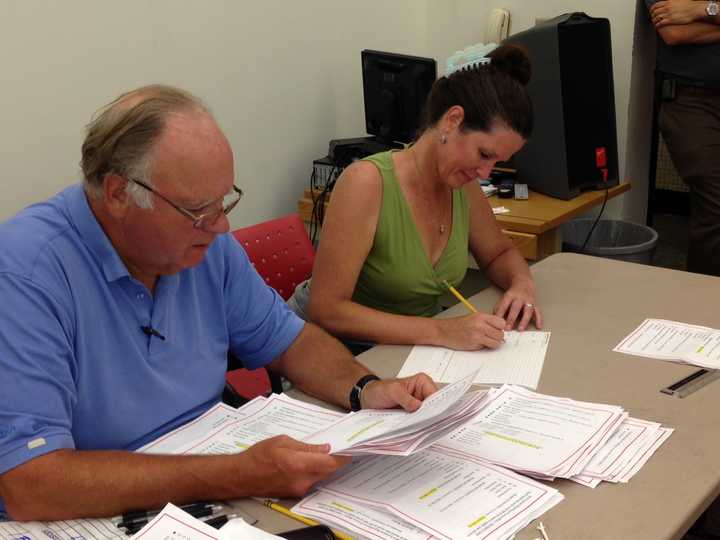 Poll workers count the ballots for Fairfield&#x27;s Representative Town Meeting District One Tuesday night. 